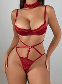 3pcs/Set Sexy Lingerie Set For Women, Lace Cutout Push Up See-Through Intimates