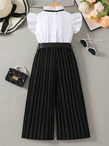 SHEIN Elladie kids 年轻女孩夏季时尚盖袖上衣+阔腿裤两件套 - 黑色 - 查看 2