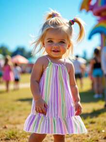 SHEIN Playful Pals Baby Girl Summer Korean Style Casual Cute Multi-Color Striped Print Woven Dress - Multicolor - View 5