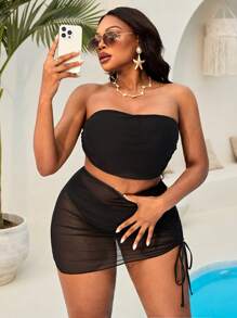 Swim Vcay Plus Size 3pcs/Set Swimwear - Basic Bikini, Mesh Coverup & Skirt For Summer Beach Vacation - Multicolor - View 1