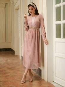 ZEYLAH Women's Long Sleeve Embellished Pleated Midi Dress Without Belt - Rust Brown - View 3
