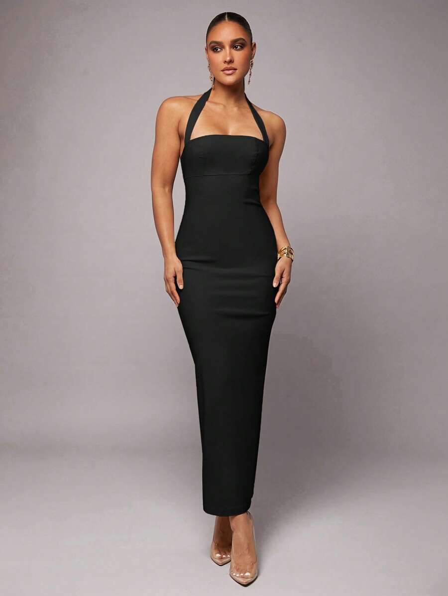 Silquee 浪漫情人节和约会度假女士纯象牙色荷叶边下摆露背亚麻连衣裙、亚麻情人节连衣裙、派对连衣裙、浪漫约会连衣裙、伴娘礼服、舞会礼服、工作服连衣裙、白色连衣裙、生日迷你连衣裙、度假连衣裙、长款紧身连衣裙、女士超长连衣裙、办公室服装、女士工作服、黑色连衣裙 - 黑色 - 查看 1