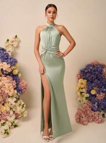 SHEIN Belle Spring And Summer Elegant Romantic Light Green Satin Halterneck Sleeveless Gathered Twisted Slim Fishtail High Slit Backless Suitable For Wedding Events Dating Holiday Dance Dinner Bridesmaid Dress - Green - View 4