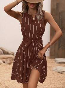 SHEIN Clasi Random Striped Print Casual Vacation Dress - Coffee - View 1