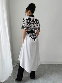 Elenzga Koszula w stylu Apricot Base Black Floral Print French Elegant Precision Swallowtail Hem Digital Print Long Vacation, wiosna/lato