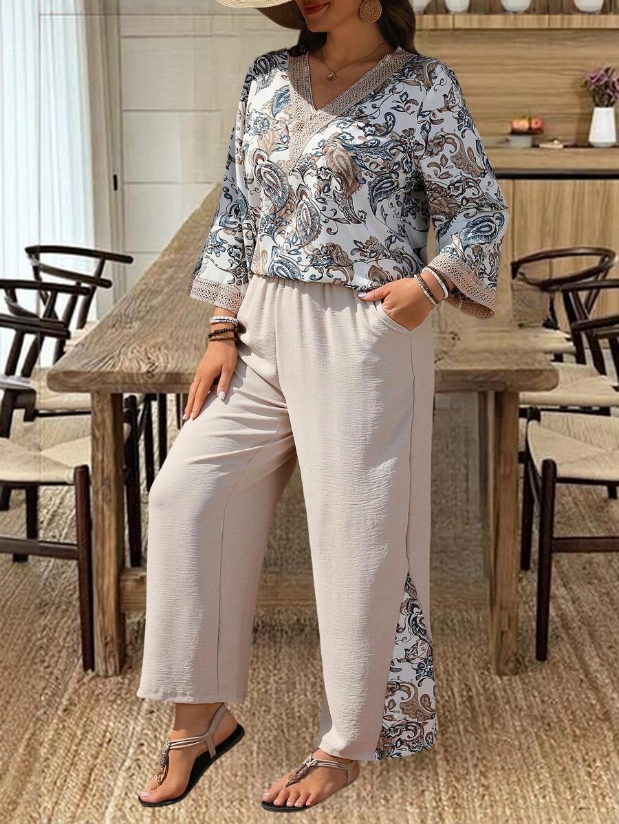 SHEIN LUNE Plus Size Paisley Print Shirt And Pants 2 Pieces Set, Casual Vacation Outfit - Multicolor - View 1