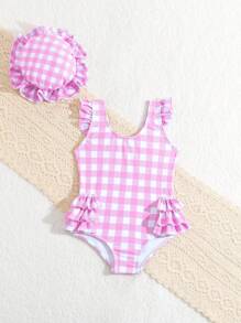 SHEIN Baby Girl One-Piece Swimsuit, Random Print With Ruffles, No Lock Edges, Free Swim Cap - Multicolor - View 5