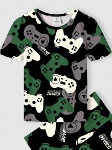 SHEIN Leap Crew 青少年男孩视频游戏图案休闲贴身舒适短袖和短裤睡衣，适合春夏季 - 彩色 - 查看 4