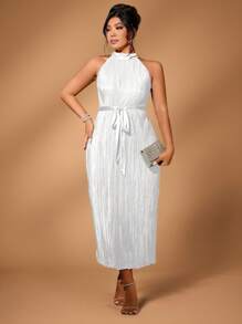 Calvaya Plus Size Women Solid Color Long Maxi Halter Neck Pleated Dress Burgundy Color Women Outfit - White - View 8