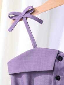 SHEIN Girls Casual Outfit Set: Deep Grey Sleeveless Button-Up Top, Dark Grey Pleated Skirt, Black Leather Belt - Purple - View 5