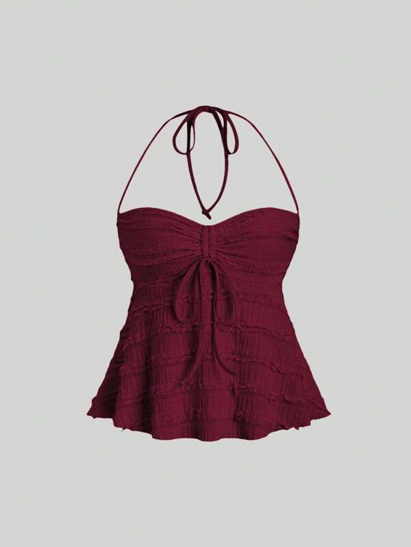 SHEIN PETITE Apricot Color Drawstring Neckline Knitted Fringed Textured Fabric Crop Top, Sexy A-Line For Petite Women