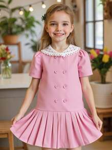 SHEIN Girls Elegant Cutout Lace Collar Ruffled Double-Breasted Pink Dress, Suitable For Festival, Family Gathering, Summer - Dusty Pink - View 1
