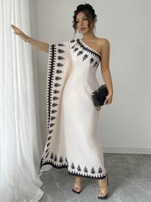 Elenzga Vestido largo con estampado floral y cuello asimétrico elegante para mujeres