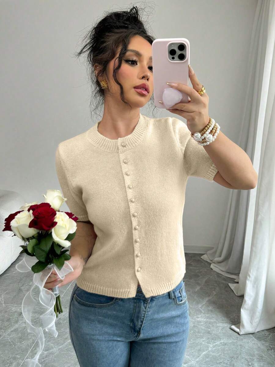 Chiquease New Casual Loose Pink Minimalist Button Knit Sweater Top, Women Short Sleeve Pullover, Autumn/Winter - Apricot - View 1