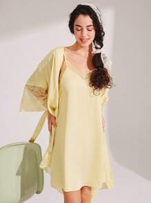 LUVLETTE Yellow Silky Satin Luxurious Lace Trim V-Neck Strappy Camisole Bridal Loungewear Airy Slip Dress Nightdress Lingerie As Outerwear Babydoll