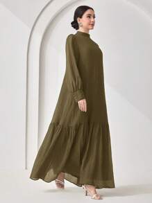 Veilorie Women's Solid Color Stand Collar Long Sleeve Ruffle Hem Elegant Dress Modest Dress - Brown - View 4