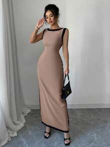 Elenzga Women's Elegant Casual Commuting Sleeveless High Waist Comfortable Vacation Holiday Color Blocking Trim Split Maxi Dress - Mocha Brown - View 4