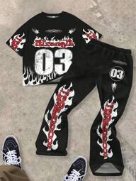 SHEIN 2pcs Set Tween Boys Graphic Tee & Flared Pants, For Summer, Featuring "Courage, Fire, Retro, Speed, Racing, Fashion" Designs