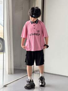 Tween Boy Korea Fashion Style Short Sleeve Polo Shirt And Shorts Set, Summer - Dusty Pink - View 6