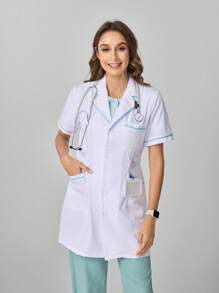Scrubzie Women's Solid Color Lapel Collar Long Sleeve Pocket Casual Lab Coat Flat Collar Button Front Regular Jacket, Lab Coats Women Colorblock Trim Button Front Scrub Top With Pockets, White Gown For Women Women Scrub Sets For Women Nurse Scrub Sets Women Women Scrub Sets Women Tops Blouses Tee Professional Clothes Women Sets Scrubs Scrub Sets Plus Size Scrub Sets Women Clothing 2 Pieces - White - View 5
