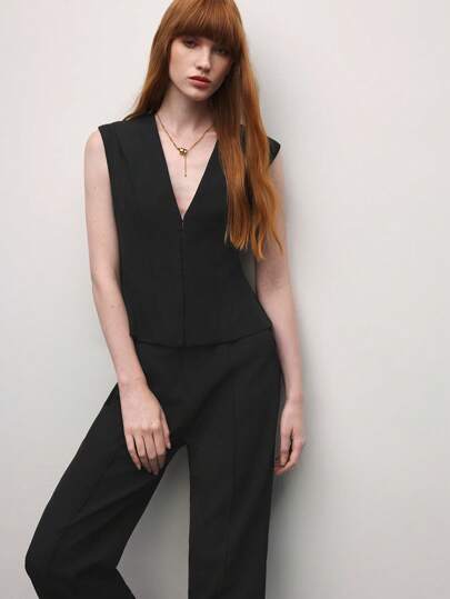 BizChic 春夏新款女士优雅日常/工作/约会/通勤/度假装 V 领收腰背心和直筒裤黑色套装
