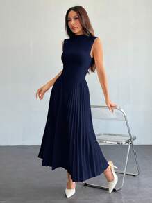 SHEIN PETITE Women Elegant Pleated Tight-Fitting A-Line Dress,Business Casual Woman,Bohemia - Navy Blue - View 3
