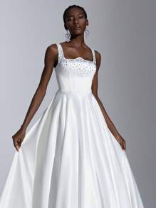 Elitara Elegant White Satin Spaghetti Strap Luxury Rhinestone Backless Adjustable Tie A-Line Ruffled Hem Wedding Dress With Train, Bride - White - View 4