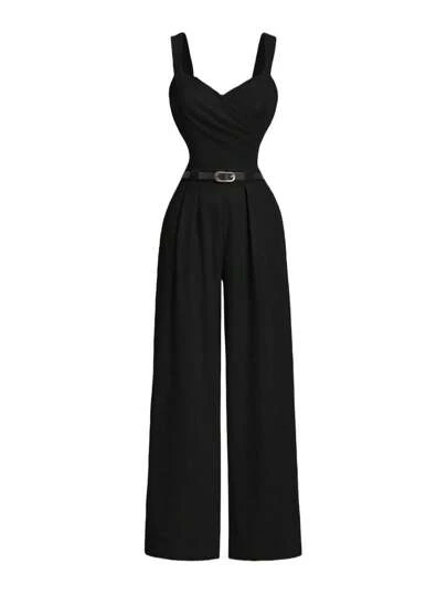 SHEIN MOD 大码女式 V 领纯色荷叶边裹身连体裤（配腰带），情人节