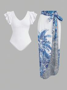 Swim Oasis 1 Pc Ruffled One Piece Swimsuit + 1 Pc Palm Tree Printed Cover-Up Skirt 2 Pieces Set For Summer Beach Vacation - Blue and White - View 1