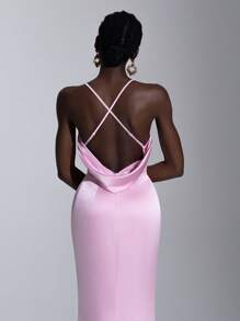 SHEIN Belle 优雅粉色手工 3D 花朵垂领交叉后背缎面正式伴娘礼服，适合婚礼、酒会、舞会、毕业典礼、宴会、伴娘礼服 - 粉色 - 查看 2