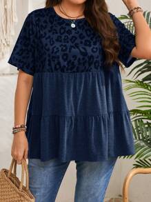 EMERY ROSE Plus Size Women's Short Sleeve Leopard Patchwork Grey T-Shirt - Navy Blue - View 6