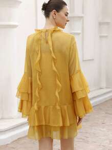 BELROSIE Golden Yellow Elegant Tea Party Women's Shiny Chiffon Layered Ruffle Neck & Cuff Long Sleeve Mid-Length Dress,Autumn Spring Fall Style - Yellow - View 2