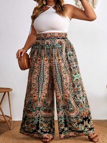 SHEIN CURVE+ Plus Size Bohemian Pants: High-Waisted Wide Leg Paisley Floral Printed Pants,Flowy Pants Boho Vacation