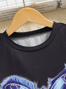 2pcs/Set Tween Girl Butterfly Print Design Denim Effect Casual Round Neck Short Sleeve T-Shirt & Flared Pants Set, Suitable For Spring And Summer - Black - View 5