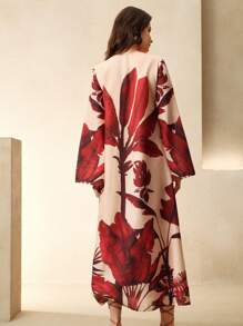 Anewsta Holiday, Casual, Festival, Vacation, Beach Ladies' Spring/Summer New Fashion Coconut Tree Printed Wine Red Holiday V-Neck Long Dress - Red - View 2