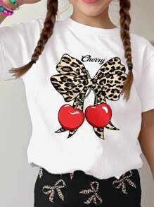 SHEIN Leap Crew Young Girl Retro Leopard Bow & Cherry Pattern Casual Cartoon Print Crew Neck Short Sleeve Top & Flare Pants 2Pcs Set, Suitable For Summer - Multicolor - View 3