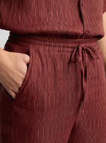 Ontre 2025 Sommer Herren Lässig einfarbige strukturierte Hose mit Kordelzug in der Taille, Herren lose Passform entspannte Hose, Arbeitshose, Strandhose - Rot-violett - Übersicht 6