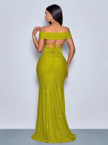 SOLERSUN 适合圣诞派对度假和约会优雅的勃艮第优雅扭曲露肩露背肩带高开叉美人鱼连衣裙与金属光泽长款女士服装