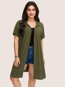 SHEIN LUNE Áo sơ mi dài tay ngắn màu trơn cỡ lớn cho nữ thanh lịch giản dị công sở thường ngày cho phụ nữ mùa xuân cho phụ nữ mùa hè cho phụ nữ dễ thương áo mùa hè châu Âu mùa hè - xanh quân đội - Xem 5