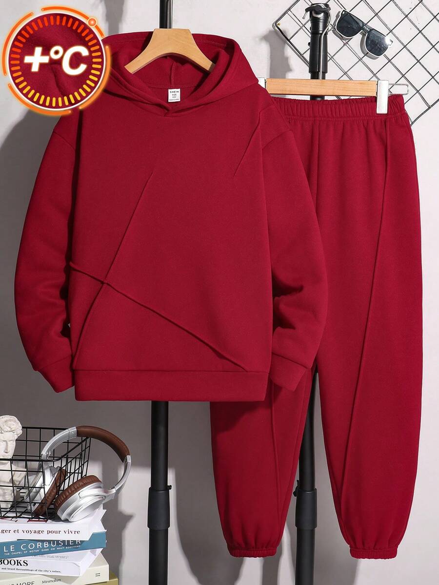 SHEIN Tween Boy 2 Pieces Hoodie & Sweatpants Set, Versatile All-Match, Suitable For Autumn/Winter - Burgundy - View 1