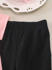 SHEIN Playful Pals 2pcs Baby Girls Casual Fashion Set - Bow Decor Top And Black Flared Pants, Leg Snug Fit Effect, Summer 2025 - Pink - View 6