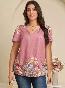 EMERY ROSE Plus Size V-Neck Puff Sleeve Floral Print Casual Shirt, Vacation,Summer Clothes,Vacation Outfits Woman / Vacation,Boho Women Clothing