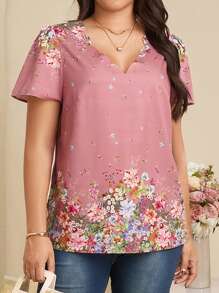 EMERY ROSE Plus Size V-Neck Puff Sleeve Floral Print Casual Shirt, Vacation,Summer Clothes,Vacation Outfits Woman / Vacation,Boho Women Clothing