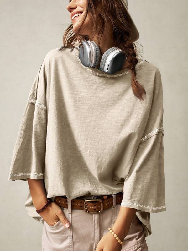Bohemela Casual Solid Color Knit Round Neck 3/4 Sleeve Loose Washed T-Shirt