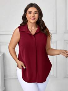 SHEIN Clasi Camisa sin mangas de unicolor casual para tallas grandes - Rosa Roja - Ver 4