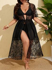 SHEIN Swim Curve Kimono exterior de talla grande para mujer con parches de encaje, cintura anudada y largo hasta los tobillos, para uso casual, de vacaciones y playa