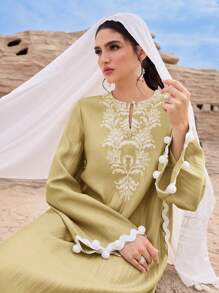 Al Najma Women's Floral Embroidery Round Neck Loose Arabic Dress