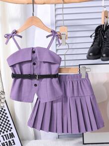 SHEIN Girls Casual Outfit Set: Deep Grey Sleeveless Button-Up Top, Dark Grey Pleated Skirt, Black Leather Belt - Purple - View 1