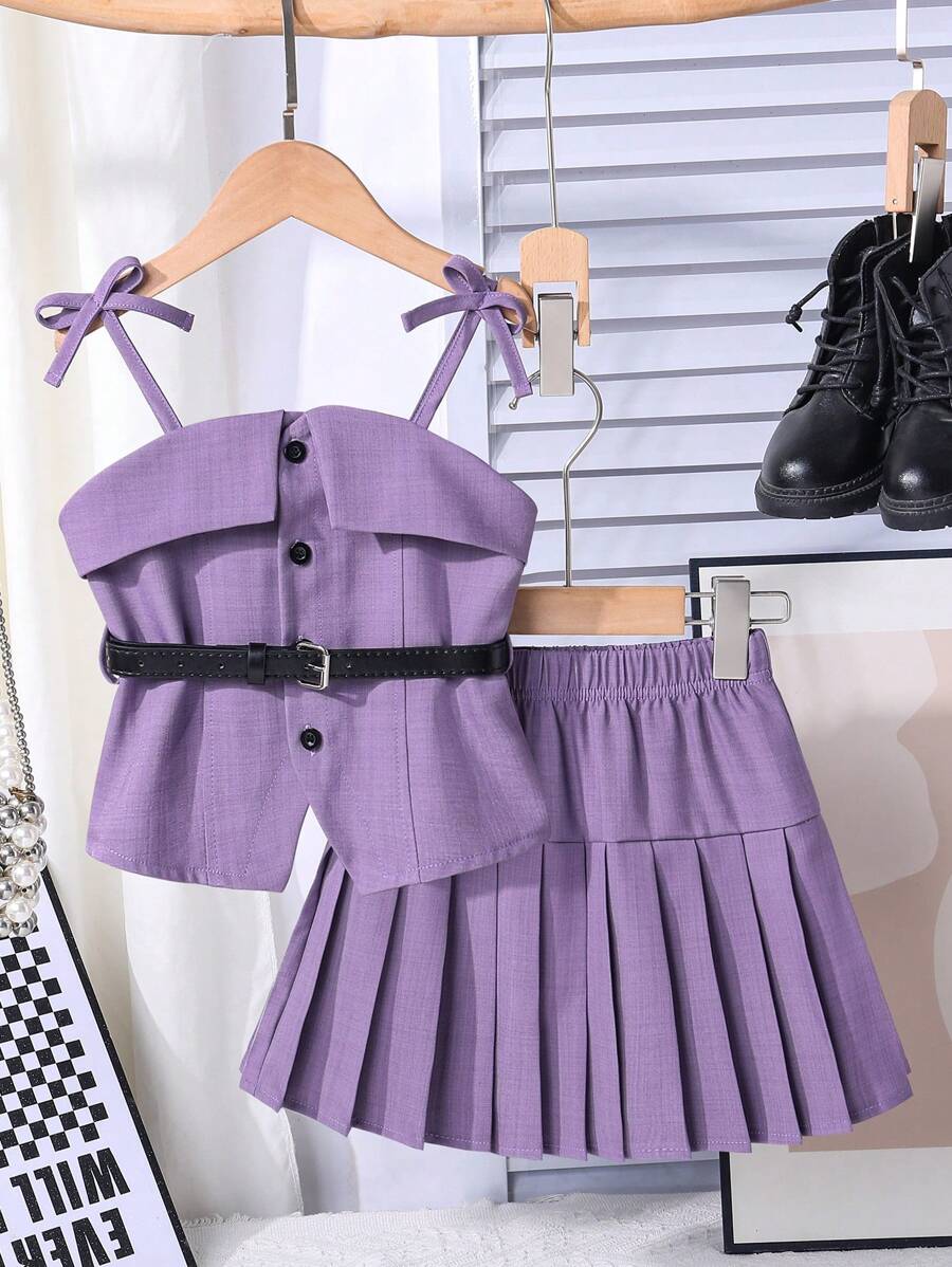SHEIN Girls Casual Outfit Set: Deep Grey Sleeveless Button-Up Top, Dark Grey Pleated Skirt, Black Leather Belt - Purple - View 1