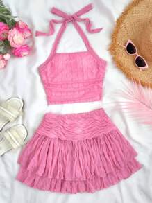 SHEIN Teen Girl White Knitted Slim Fit Stretchy V-Neck Spaghetti Strap Top With Open Back And Pleated Double Layer Hem Skirt Casual Vacation 2 Pieces Set, Backless, Ruched, Tiered Layer Sleeveless Slim Fit White Skirt Two Pieces Outfits, Spring/Summer, Casual Daily Wear - Pink - View 1